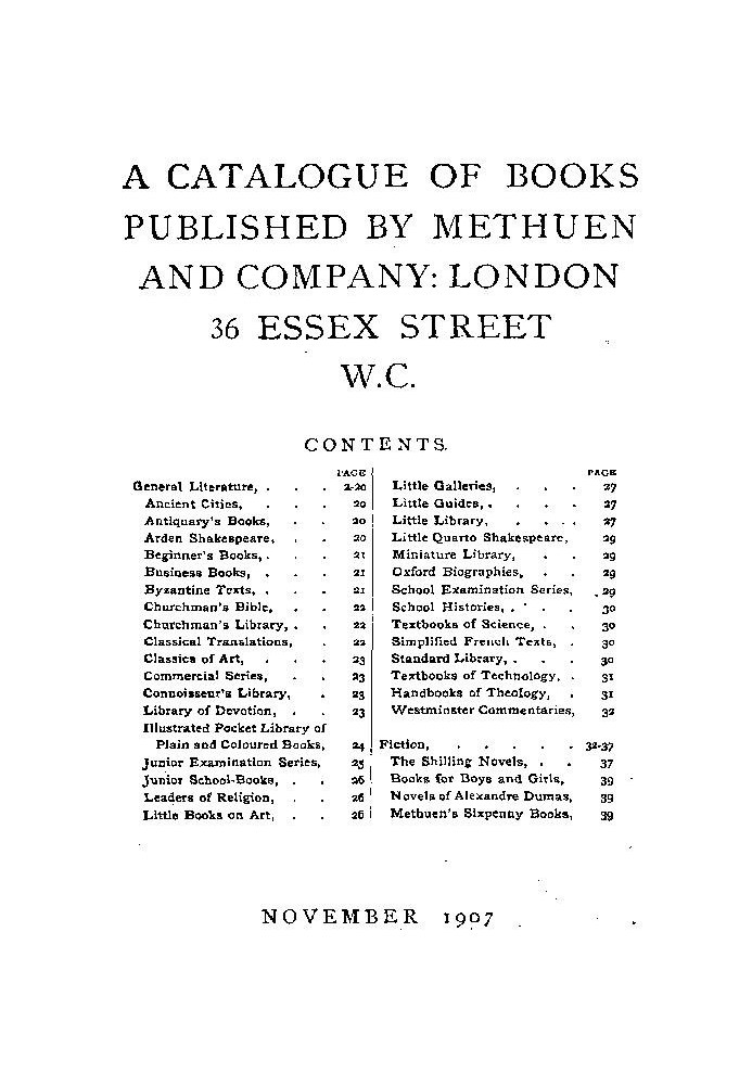 Каталог книг, опублікованих Methuen and Company, листопад 1907 р