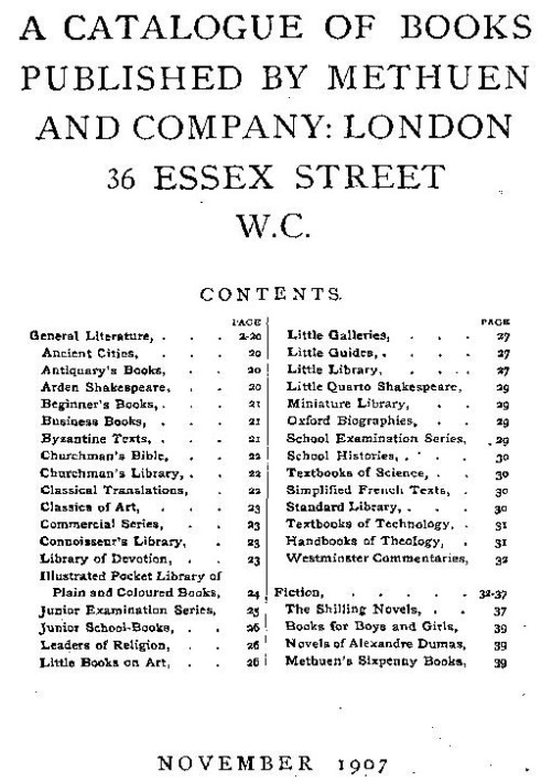 Каталог книг, опублікованих Methuen and Company, листопад 1907 р