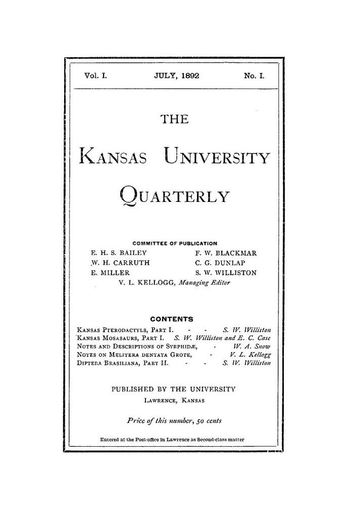 The Kansas University Quarterly, Vol. I, No. 1 (1892)