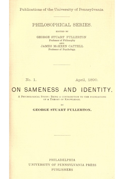 On Sameness and Identity: A Psychological Study Being a Contribution to the Foundations of a Theory of Knowledge