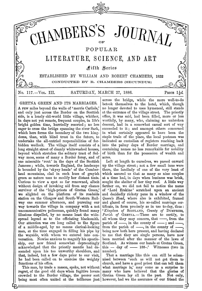 Chambers's Journal of Popular Literature, Science, and Art, fifth series, no. 117, vol. III, March 27, 1886