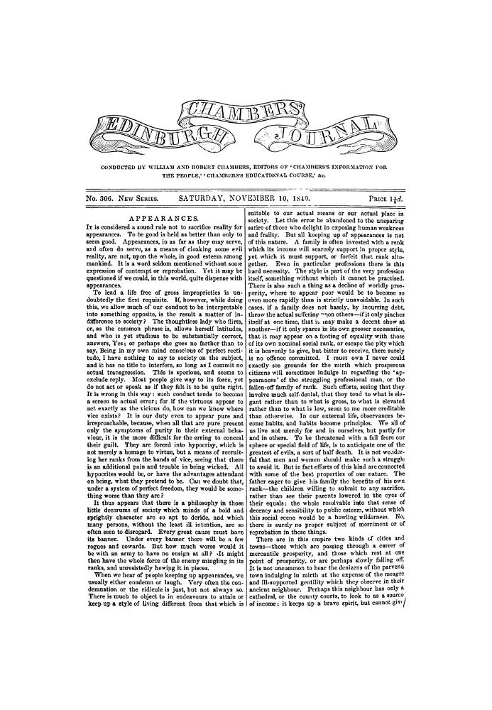 Chambers's Edinburgh Journal, № 306, нова серія, субота, 10 листопада 1849 р.