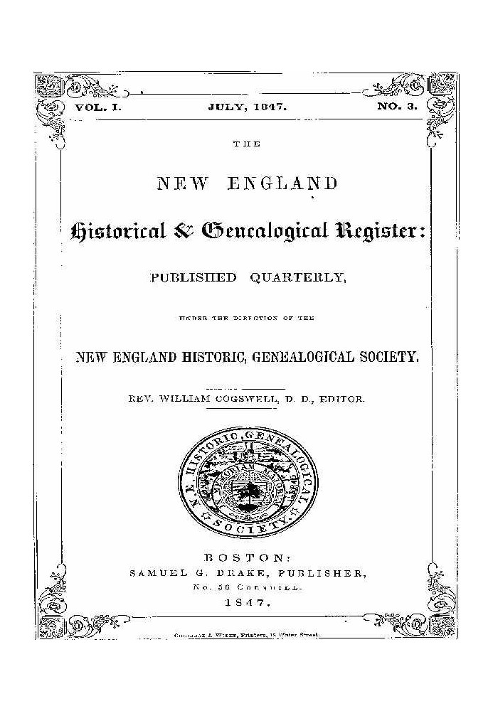 Історико-генеалогічний реєстр Нової Англії, том. 1, № 3, липень 1847 р