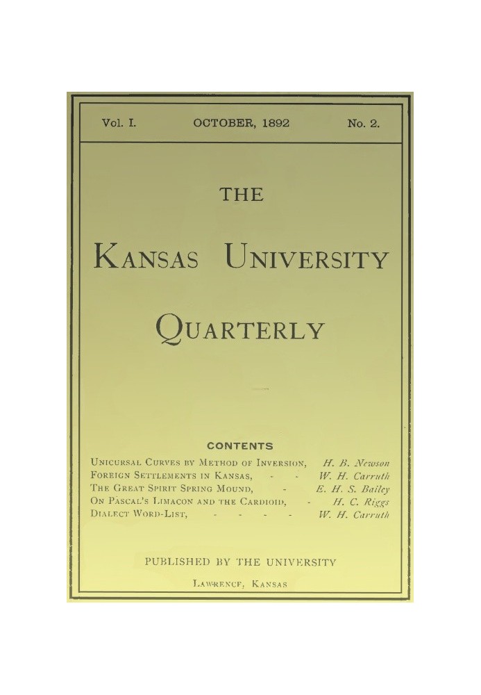 Ежеквартальный журнал Канзасского университета, Vol. I, № 2, октябрь 1892 г.