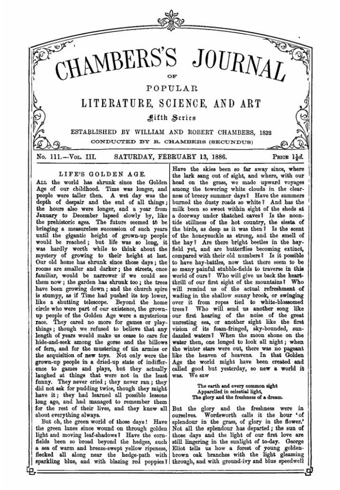 Chambers's Journal of Popular Literature, Science, and Art, Fifth Series, No. 111, Vol. III, February 13, 1886