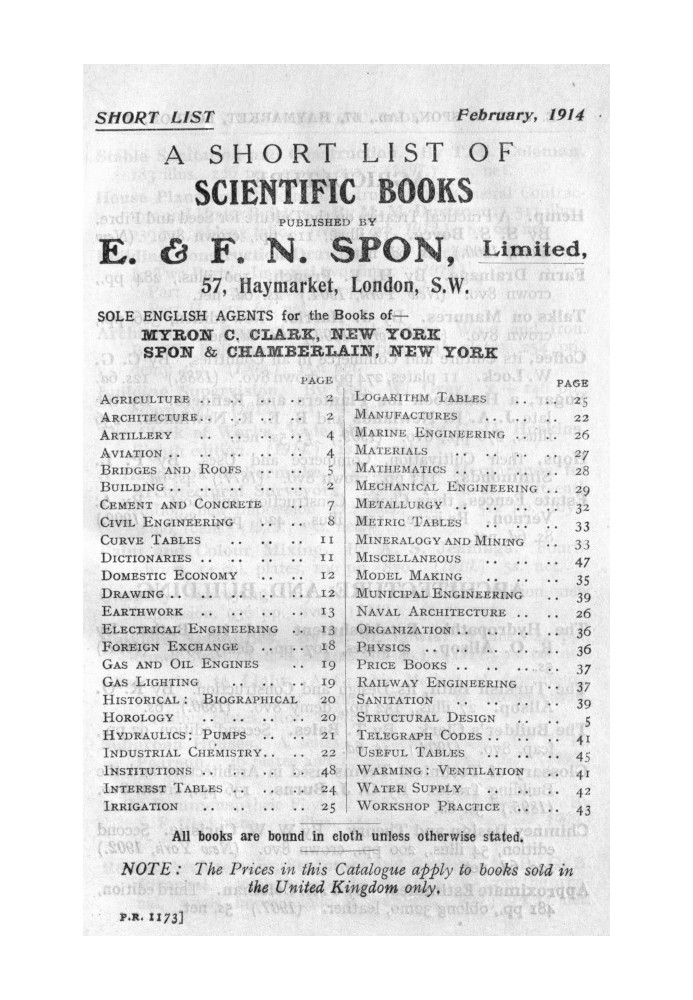 Короткий список наукових книг, опублікованих E. & F. N. Spon, Limited. Лютий 1914 року