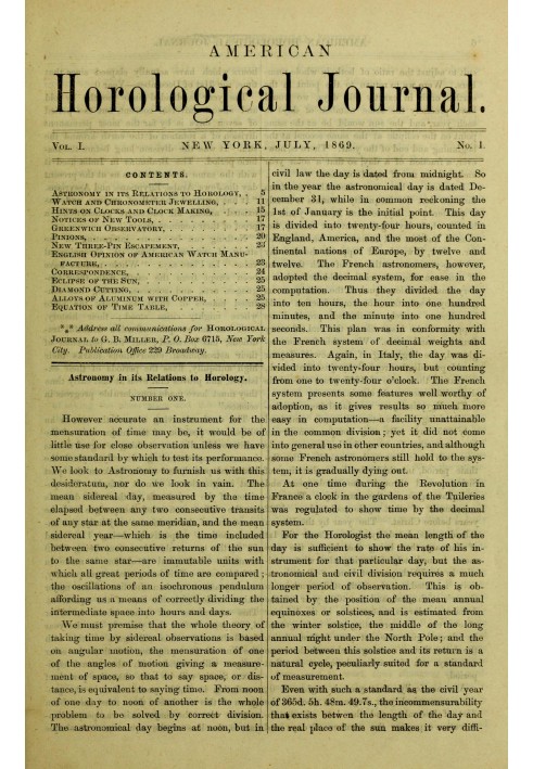 Американський годинниковий журнал, том. I, № 1, липень 1869: Присвячено практичній годинникарстві