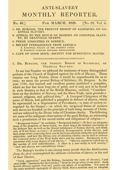 Anti-Slavery Monthly Reporter, березень 1829 р