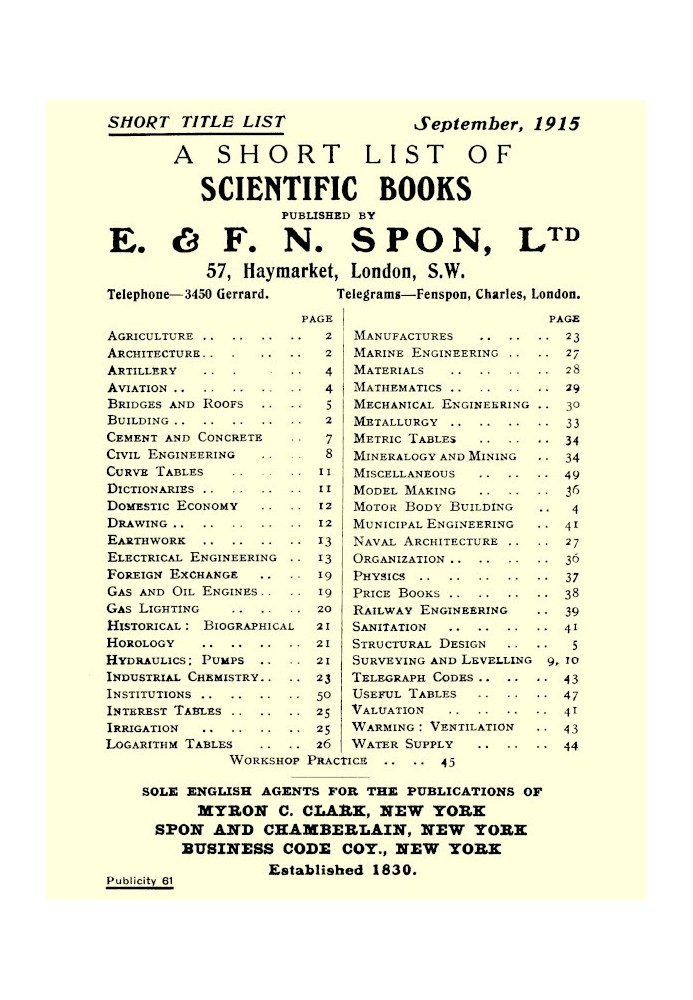 Короткий список наукових книг, опублікованих E. & F. N. Spon, Ltd., вересень 1915 р.