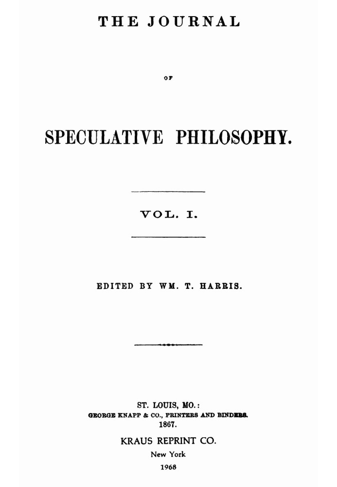 Журнал спекулятивної філософії, том. I, № 1-4, 1867