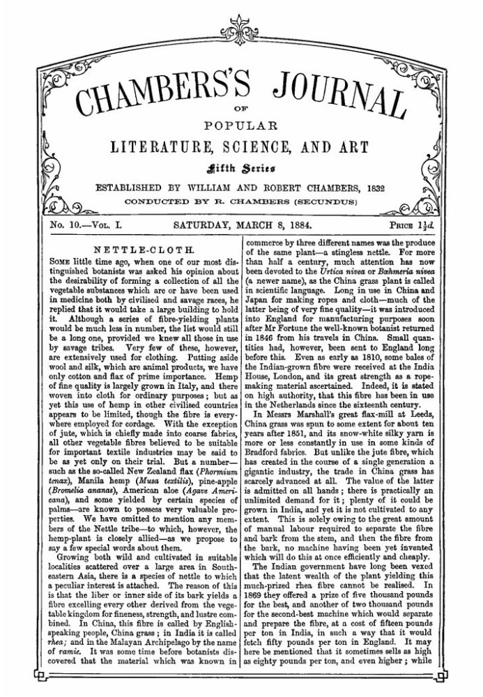 Chambers's Journal of Popular Literature, Science, and Art, Fifth Series, No. 10, Vol. I, March 8, 1884