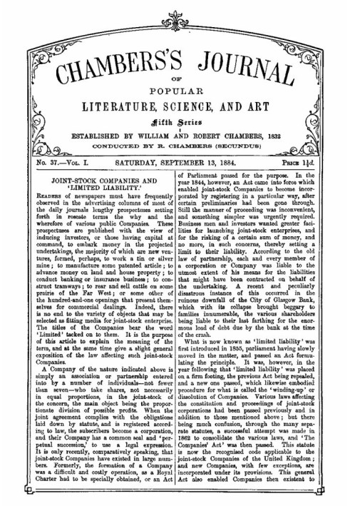 Chambers's Journal of Popular Literature, Science, and Art, Fifth Series, No. 37, Vol. I, September 13, 1884