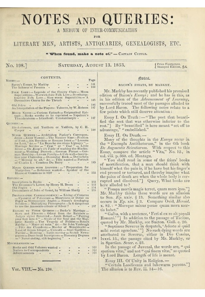 Примітки та запитання, номер 198, 13 серпня 1853 р. Засіб спілкування для літераторів, художників, антикварів, генеологів тощо.