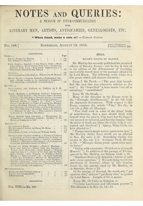 Примітки та запитання, номер 198, 13 серпня 1853 р. Засіб спілкування для літераторів, художників, антикварів, генеологів тощо.