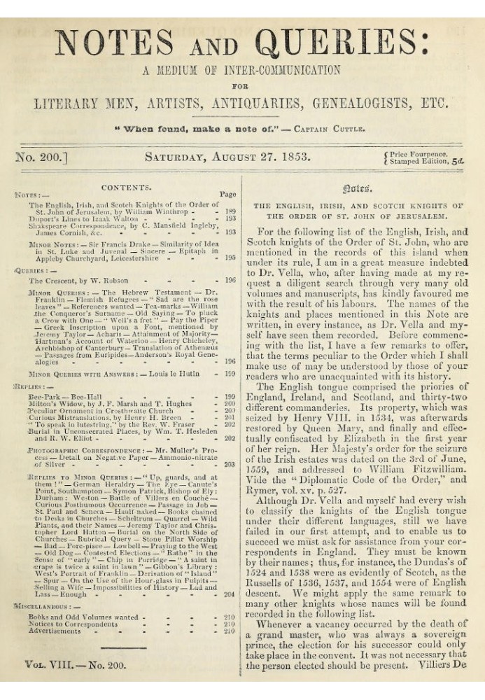 Примітки та запитання, номер 200, 27 серпня 1853 р. Засіб спілкування для літераторів, художників, антикварів, генеологів тощо.