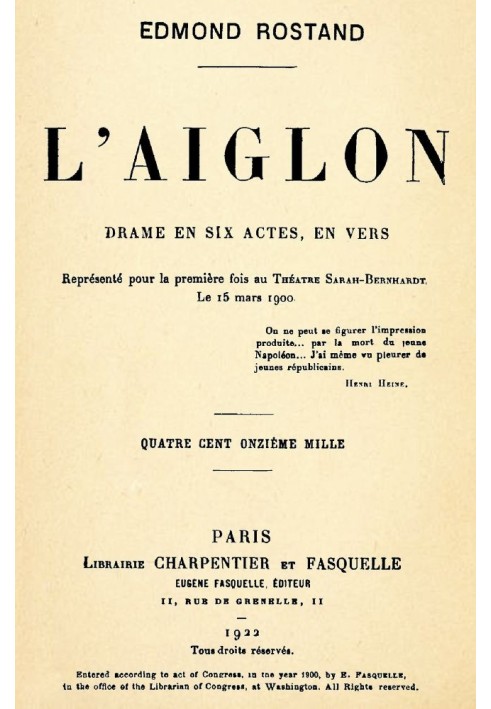 L'Aiglon: Drama in six acts, in verse