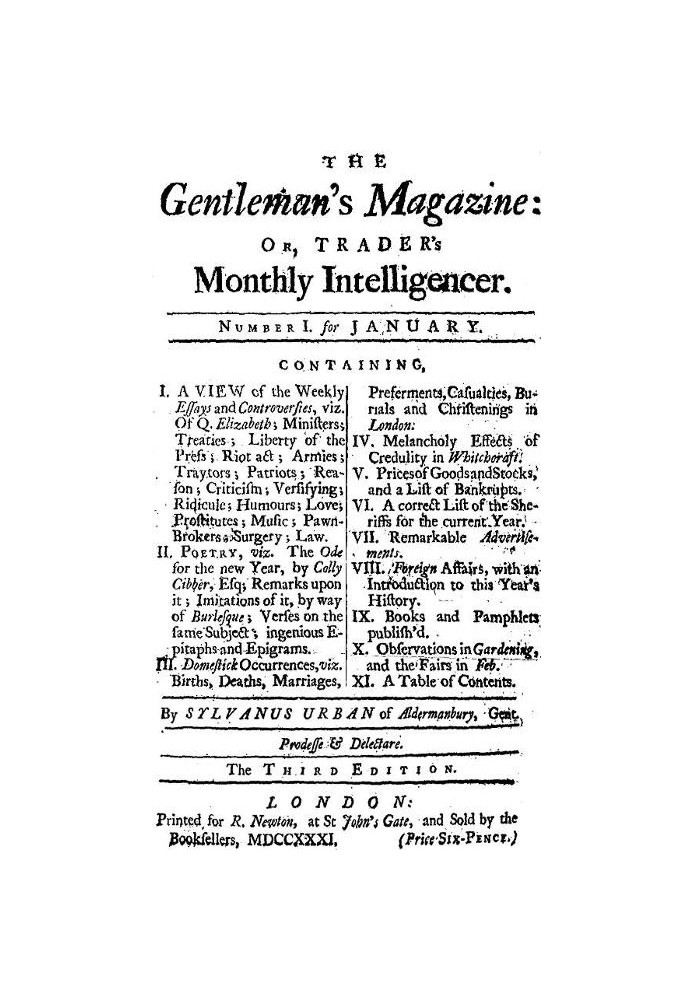 The Gentleman's Magazine, January 1731 Or, Trader's Monthly Intelligencer