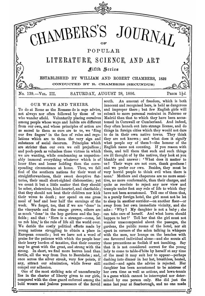 Chambers's Journal of Popular Literature, Science, and Art, fifth series, no. 139, vol. III, August 28, 1886