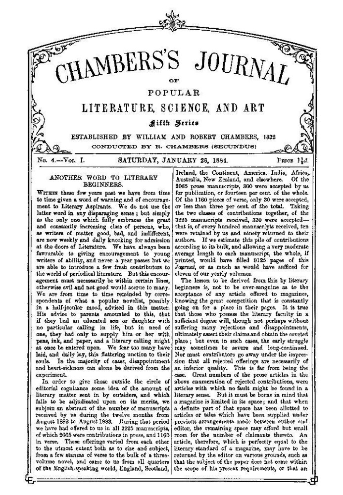 Chambers's Journal of Popular Literature, Science, and Art, Fifth Series, No. 4, Vol. I, January 26, 1884