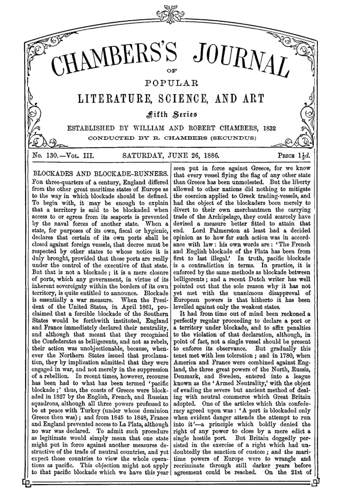 Chambers's Journal of Popular Literature, Science, and Art, fifth series, no. 130, vol. III, June 26, 1886