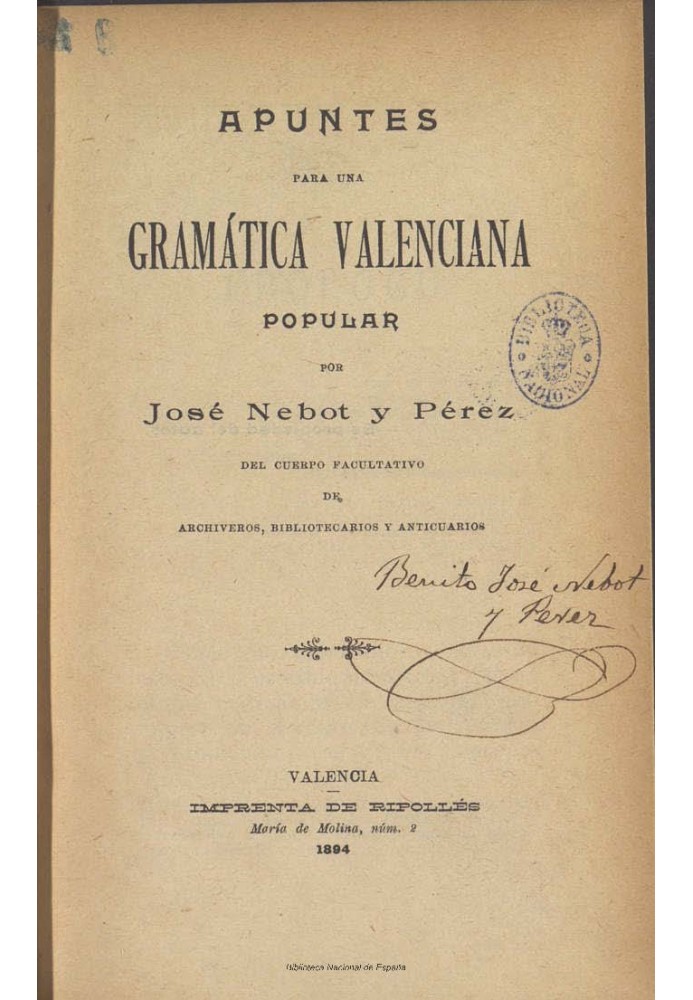 Notes for a Popular Valencian Grammar