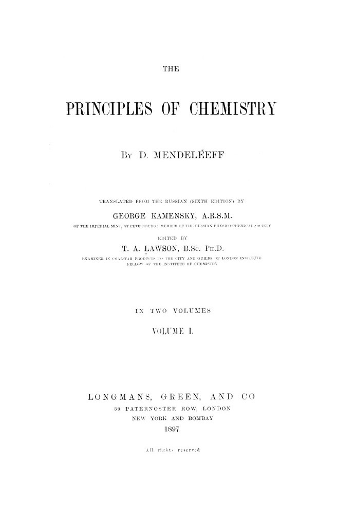 The Principles of Chemistry, Volume I