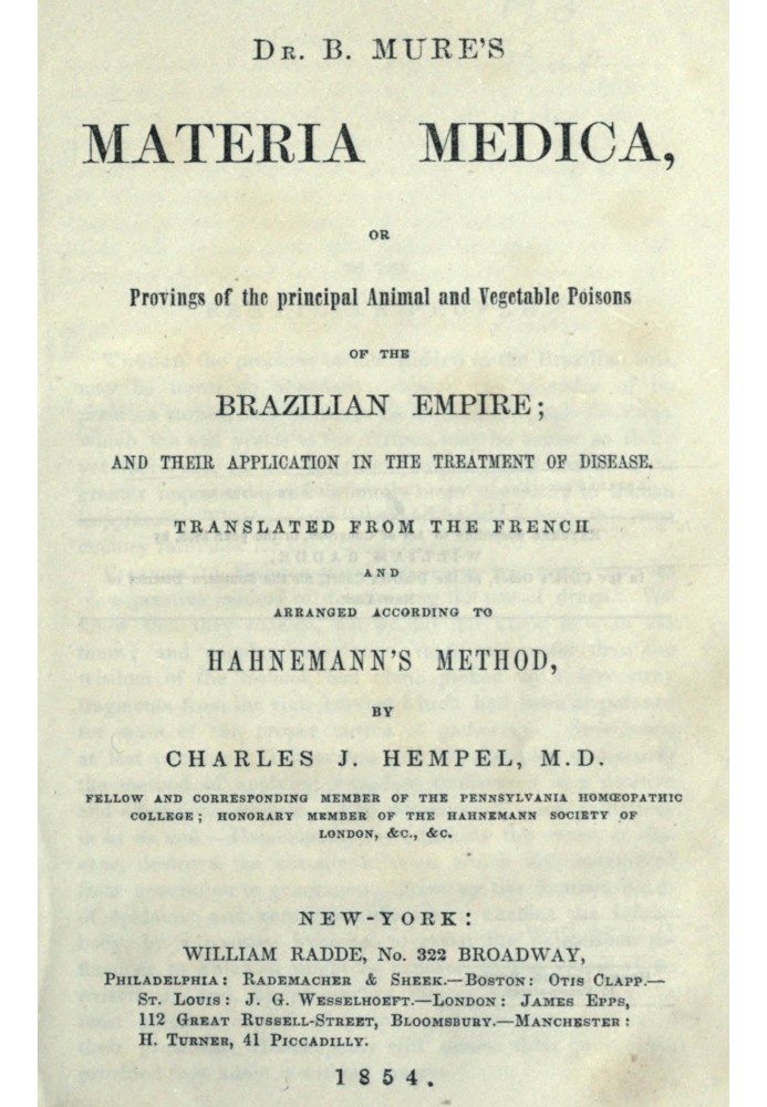 Материя медика доктора Б. Муре: $b или испытания основных животных и растительных ядов Бразильской империи и их применение при л