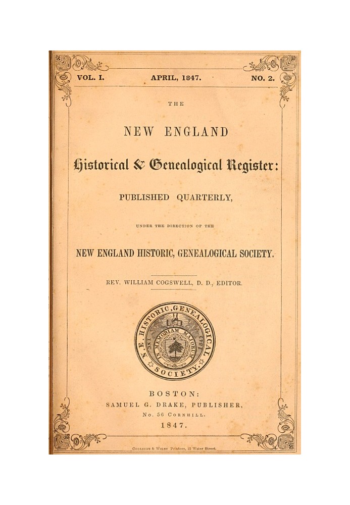 Историко-генеалогический реестр Новой Англии, Vol. 1, № 2, апрель 1847 г.