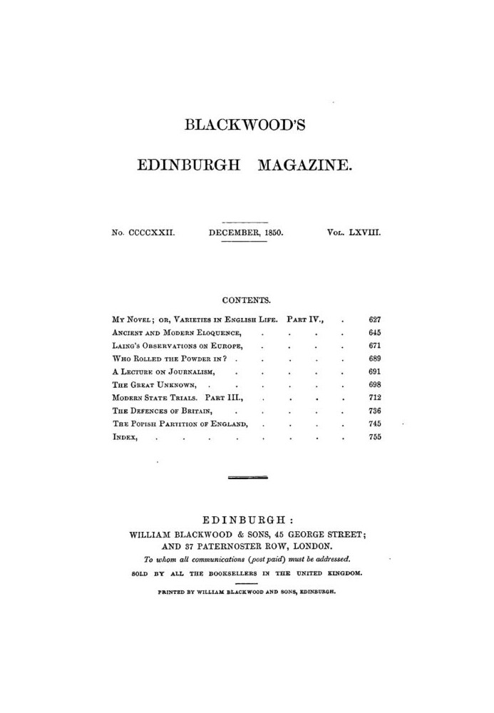 Blackwood's Edinburgh Magazine, Vol. 68, № 422, грудень 1850