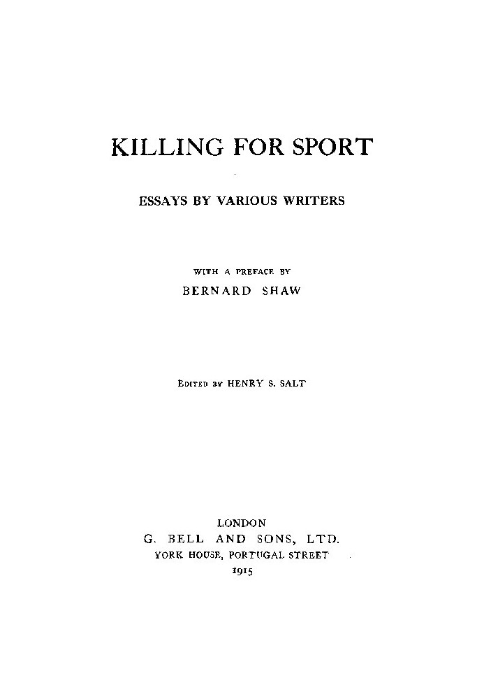 Killing for Sport: Essays by Various Writers