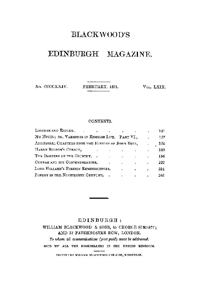 Журнал Blackwood's Edinburgh Magazine, том 69, № 424, февраль 1851 г.