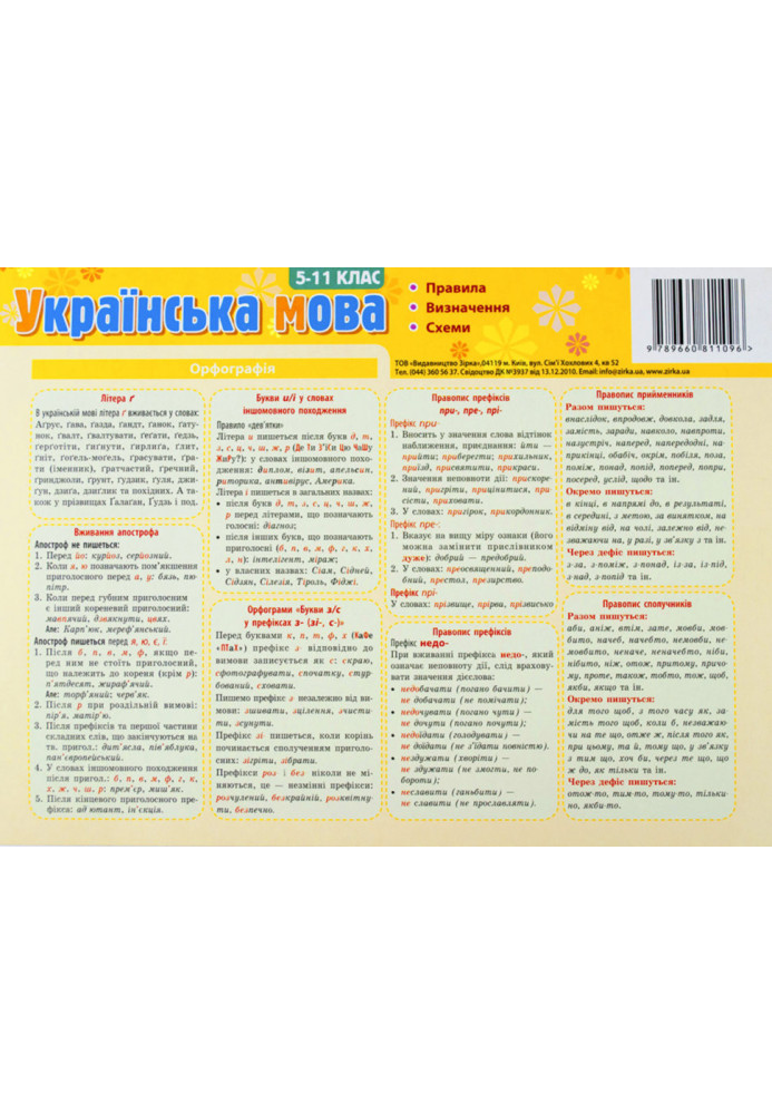 Картонка-підказка Укр. мова. Правила 5-11 кл 20*15 см 4стор