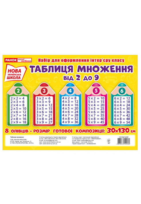 Set of cards. Multiplication table. Pencils