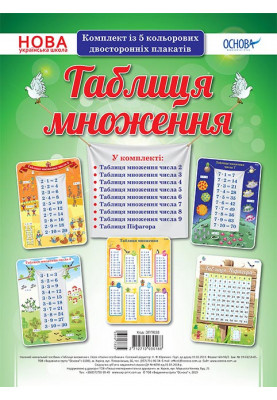 Комплект двосторонніх плакатів Таблиця множення (5 шт). Наочність ЗПП038