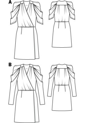 Выкройка Платье атласное с запахом и пышными рукавами (Burda 12/2010, № выкройки 102 B)