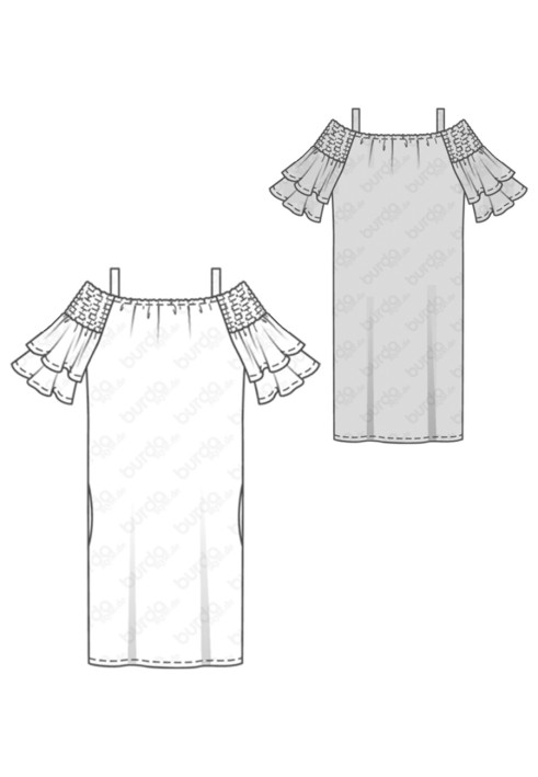 Pattern Dress with a Carmen neckline on wide straps (Burda 1/2018, pattern number 6422 B)