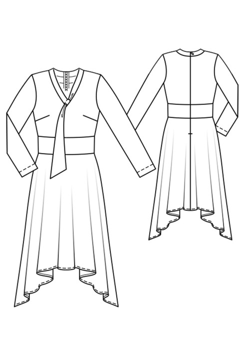 Pattern Dress with an asymmetrical skirt and a scarf collar (Burda 10/2019, pattern number 103 B)