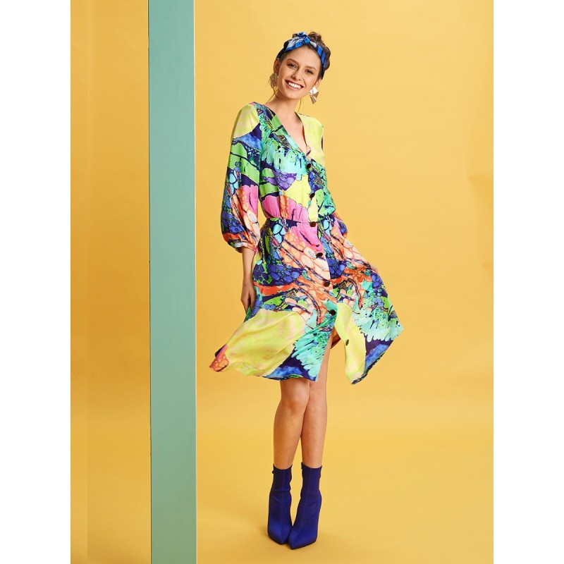 Pattern V-neck shirt dress...