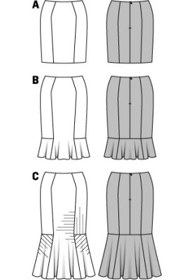 Выкройка Юбка средней длины с рельефными швами (Burda 2/2014, № выкройки 6834 B)