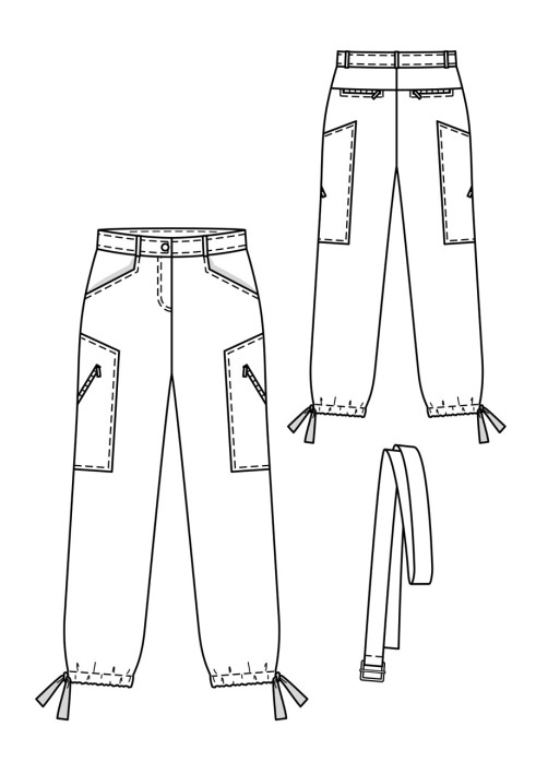 Pattern Pants of a straight cut with drawstrings at the bottom of the legs (Burda 2/2018, pattern number 121)