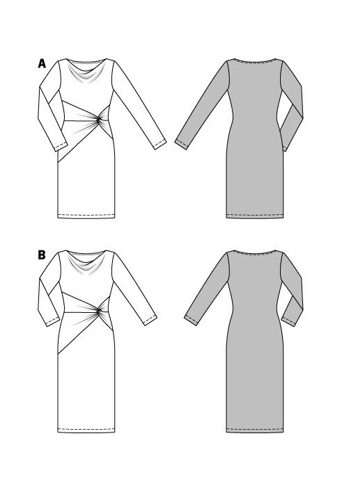 Выкройка Платье трикотажное с вырезом-качалками и драпировками (Burda 2/2015, № выкройки 6693 B)