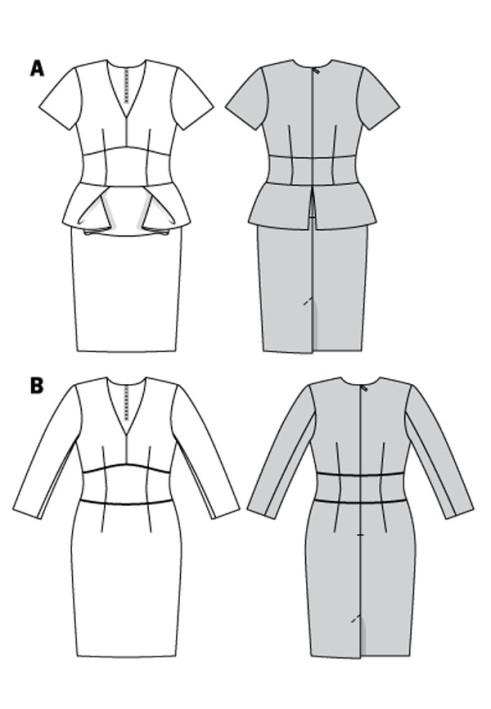 Викрійка Сукня-футляр з V-подібним вирізом горловини (Burda 2/2018, № викрійки 6383 B)