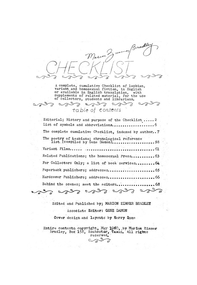 Checklist A complete, cumulative Checklist of lesbian, variant and homosexual fiction, in English or available in English transl