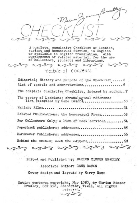 Checklist A complete, cumulative Checklist of lesbian, variant and homosexual fiction, in English or available in English transl