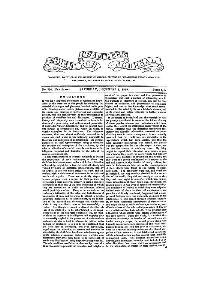 Chambers's Edinburgh Journal, No. 309 New Series, Saturday, December 8, 1849