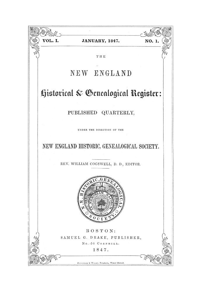 The New England Historical & Genealogical Register, Vol. 1, No. 1, January 1847