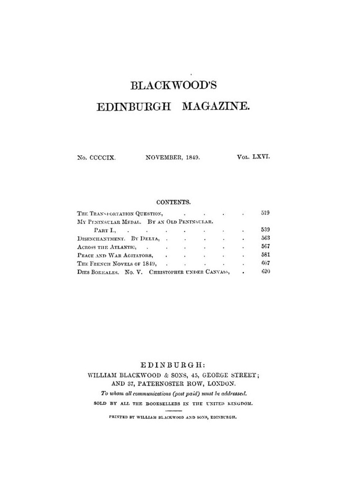 Blackwood's Edinburgh Magazine, Vol. 66, No 409, November 1849