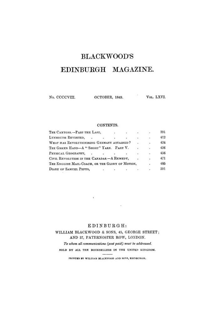 Blackwood's Edinburgh Magazine, Volume 66, No. 408, October 1849