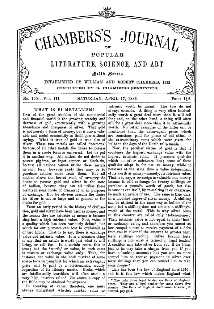 Chambers's Journal of Popular Literature, Science, and Art, fifth series, no. 120, vol. III, April 17, 1886