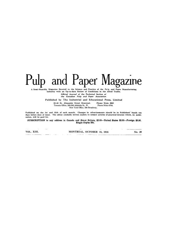 Журнал «Целлюзно-бумажная промышленность», Vol. XIII, № 20, 15 октября 1916 г. Полумесячный журнал, посвященный науке и практике